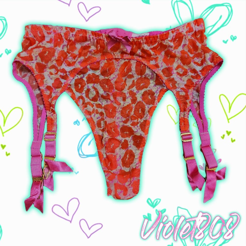 [4] Agent Provocateur Red Purple Silky Cheetah Floral Mesh Garter Thong Panty